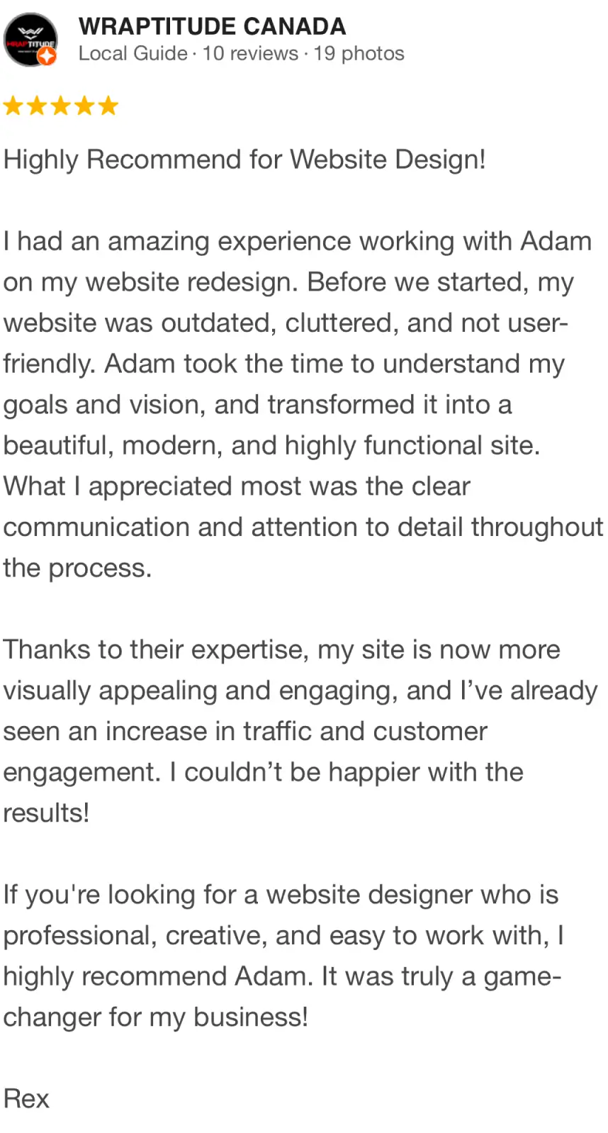 Rex&rsquo;s five-star Google review of Sites Delight
